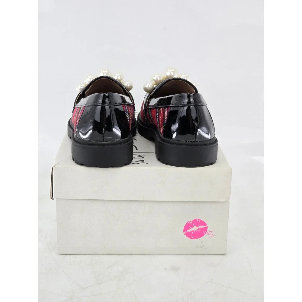 Betsey Johnson Harlo Loafers Kids 13 Red Plaid Leopard Pearl - Excellent